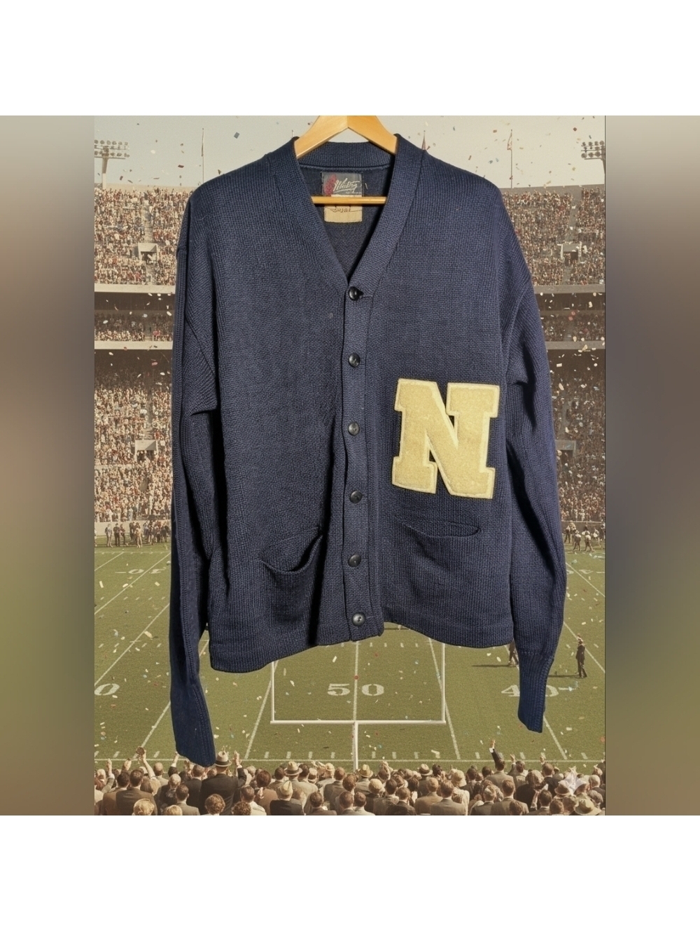 1950s Whiting Navy Wool Cardigan Letter Sweater Sisul N 50